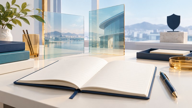 A blank notebook and pencil beside clear glass panels and a small shield silhouette.