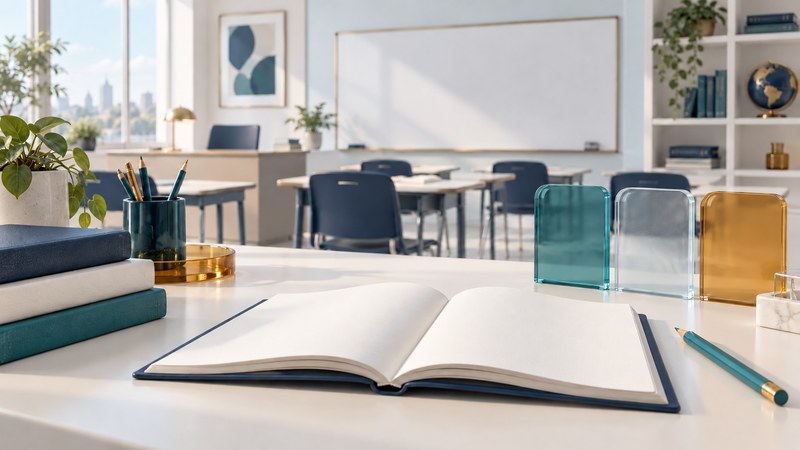 An open book and pencil face three blank glass tabs in a quiet classroom.