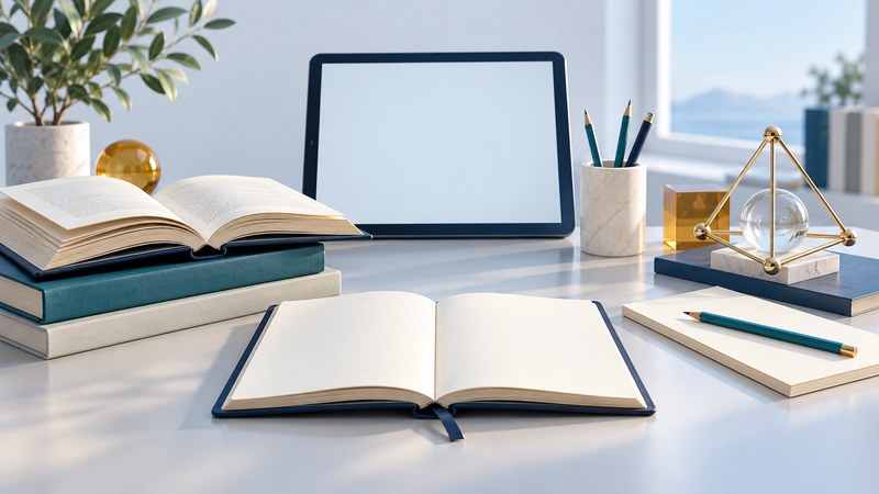 An open book, writing notebook and geometric mathematics models on three ivory learning platforms.