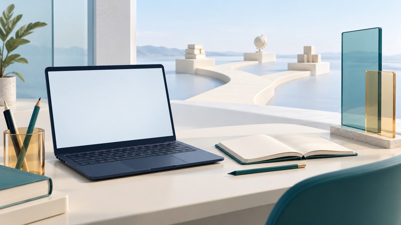 A navy laptop, blank notebook and translucent glass panels beside a branching path of blocks.