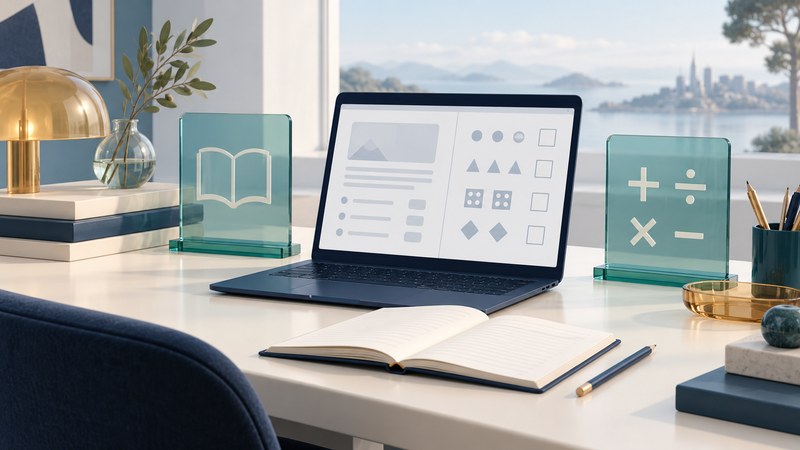 A navy laptop, notebook and translucent reading and math panels on an ivory study desk.