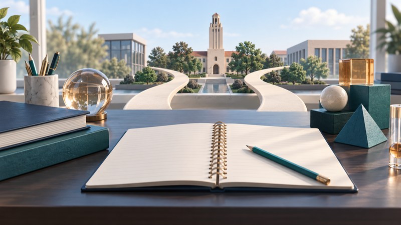 A notebook and geometric blocks beside paths leading to an imagined college campus.