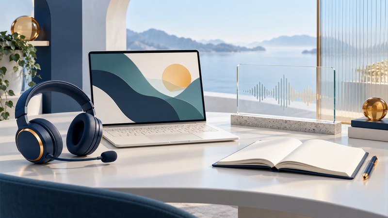 A headset and laptop stand beside an open book and a glass waveform panel.
