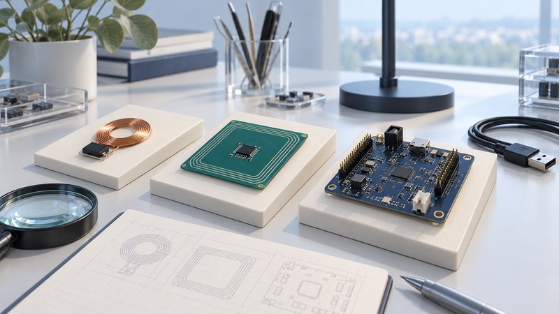 Separate LF coil, HF antenna board and reader development board sit on an engineering bench.