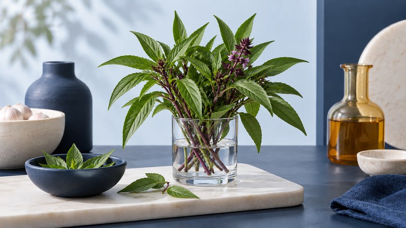 A bunch of narrow green Thai basil leaves with purple stems in a water glass, beside a navy bowl of loose leaves.