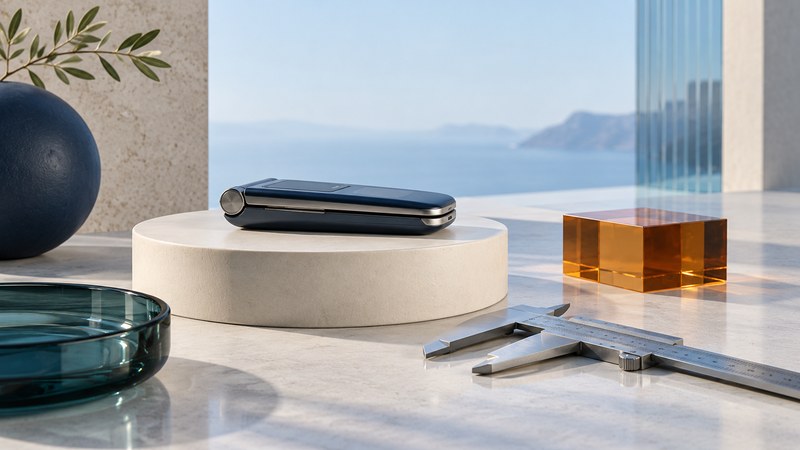 A closed navy clamshell phone on an ivory plinth beside a caliper and amber glass block.