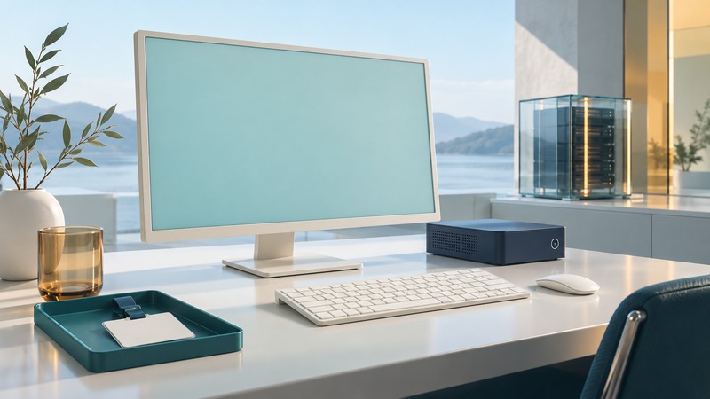 A blank-screen workstation, compact navy endpoint, plain access badge and separate glass server model.
