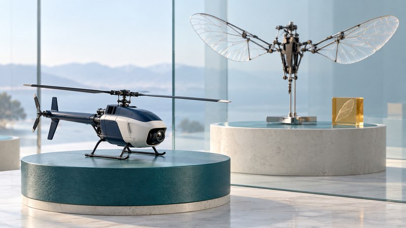 Conceptual miniature camera helicopter and a flapping-wing research robot displayed on separate plinths.