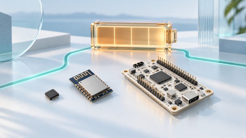 A chip, shielded wireless module and development board sit before an amber battery-shaped glass block.