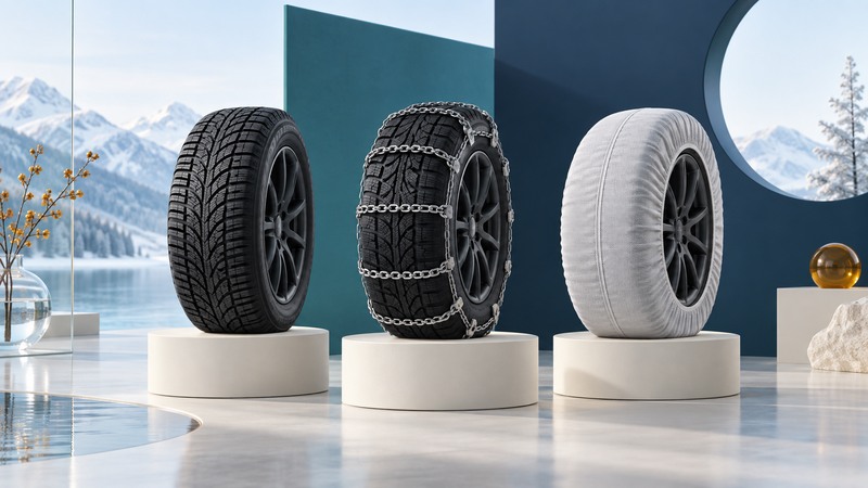 Three tires display winter tread, metal chains and a textile traction cover.