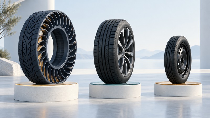 Open-spoke non-pneumatic tire, conventional tire and compact spare on separate display stands.