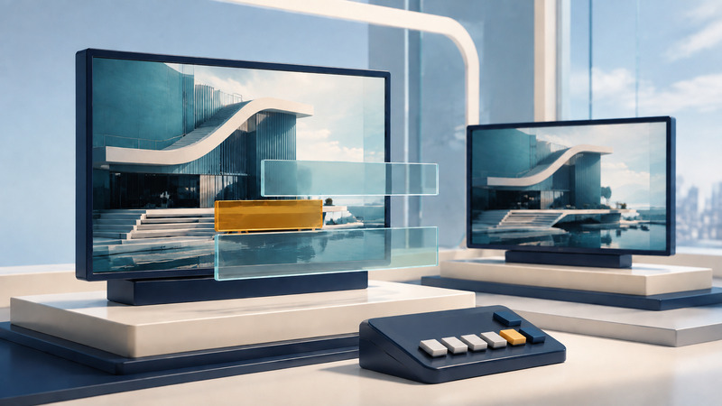 Two monitors show an architectural scene, with glass overlay shapes before one screen and a small control surface below.