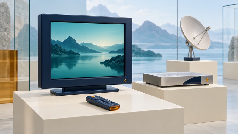 An older LCD television, separate receiver and satellite-dish model stand on ivory display plinths.