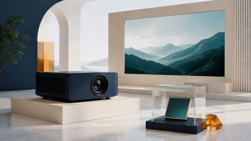 A navy projector and an enlarged reflective display tile in a glass case sit before a mountain scene.