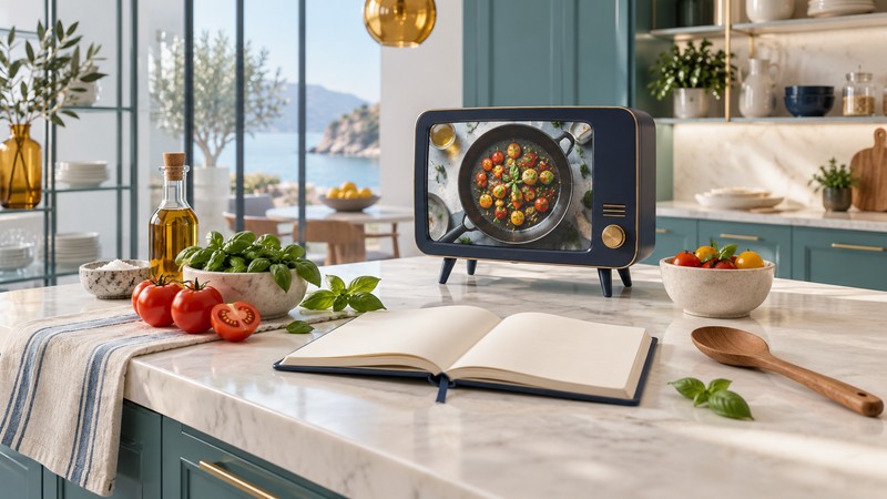 A small television shows a skillet beside an open recipe notebook, tomatoes, basil and a wooden spoon.