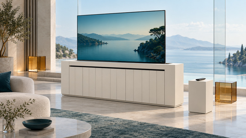 A television is raised above an ivory cabinet, with a separate remote and restrained amber glass accents.