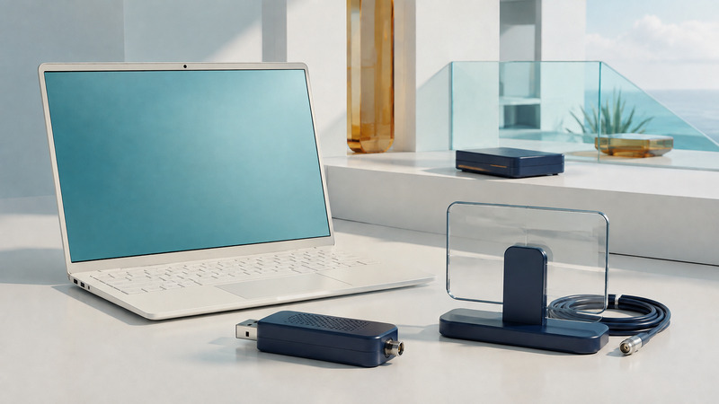 An ivory laptop sits beside a disconnected navy USB tuner, an indoor antenna with coiled cable, and a separate recording drive.