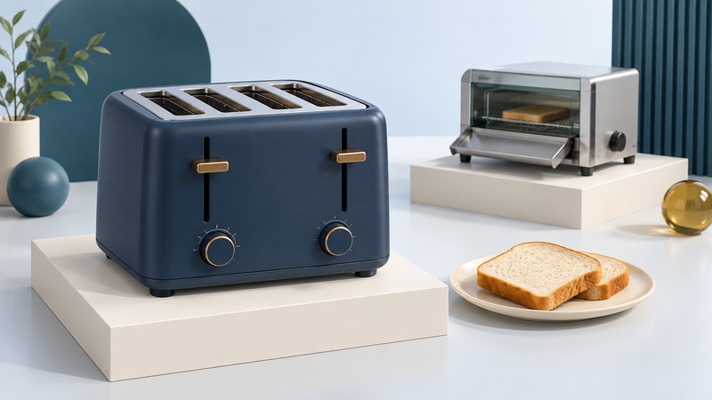 A navy four-slot pop-up toaster beside plain bread, with a small conveyor toaster farther back.