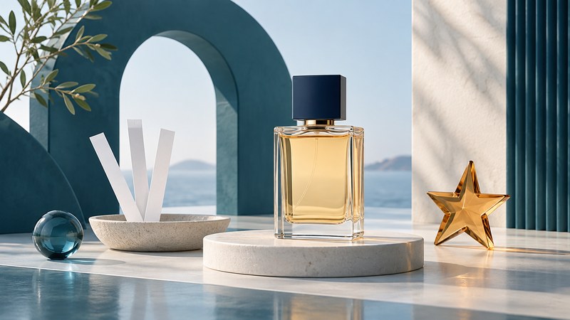 An unbranded amber perfume bottle beside a translucent star on a navy and ivory architectural platform.