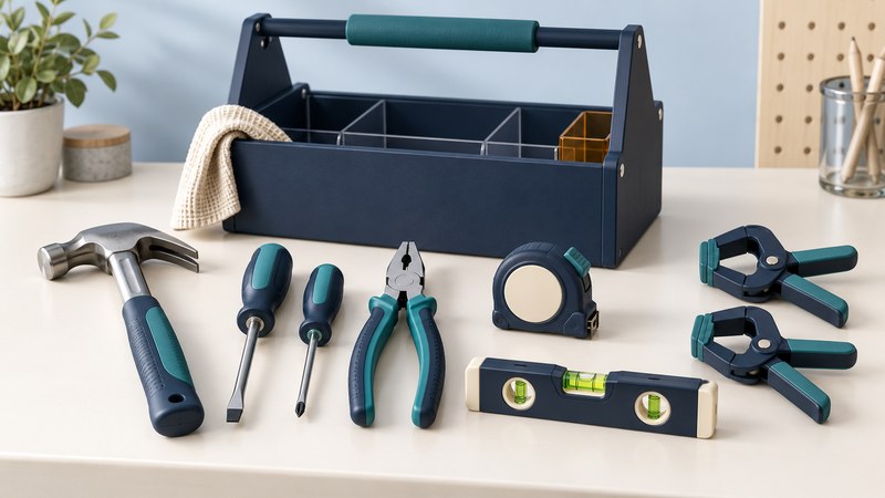 A modest household tool tote with hammer, screwdrivers, pliers, tape measure, level and clamps.