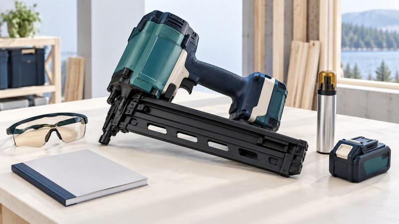 A conceptual gas framing nailer at rest beside a capped fuel cartridge, separate battery, safety glasses and closed manual.