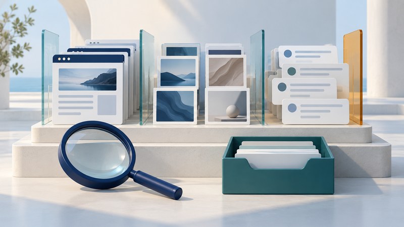 Separate shelves hold web pages, image tiles and discussion cards beside a navy magnifying lens.