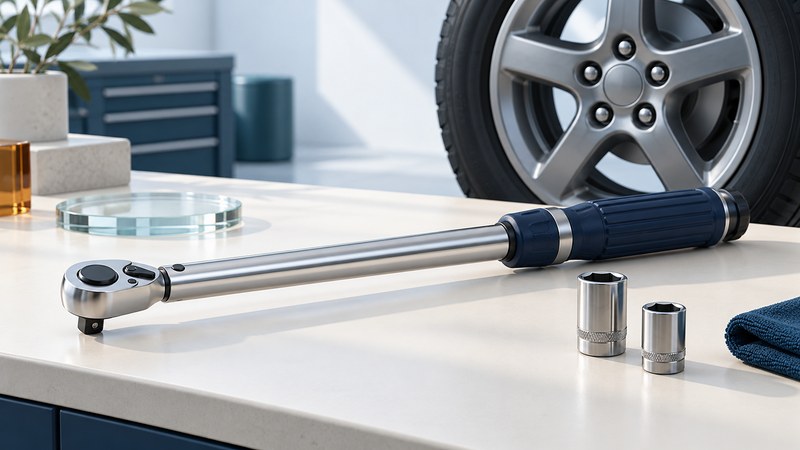 A torque wrench and two sockets on a workbench, with a vehicle wheel in the background.