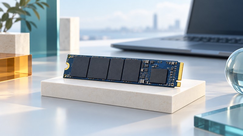 A conceptual M.2 SSD module on an ivory platform beside a laptop.