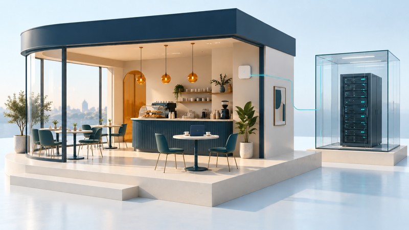 A miniature cafe and laptop connect conceptually to a separate back-end server enclosure.