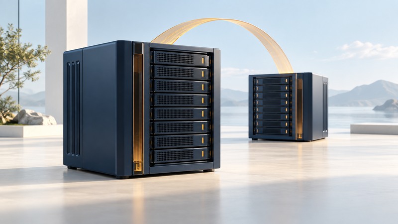 Two enterprise storage enclosure concepts joined by an abstract amber transfer path.