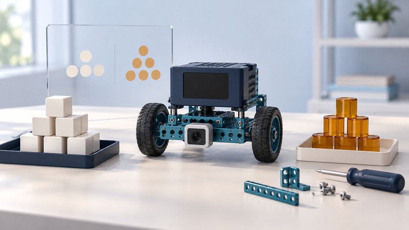 A conceptual modular camera robot beside groups of ivory cubes and amber cylinders, with building parts on a workbench.