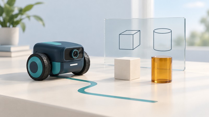 A conceptual wheeled camera robot beside a cube, an amber cylinder and a glass panel showing their outlines.