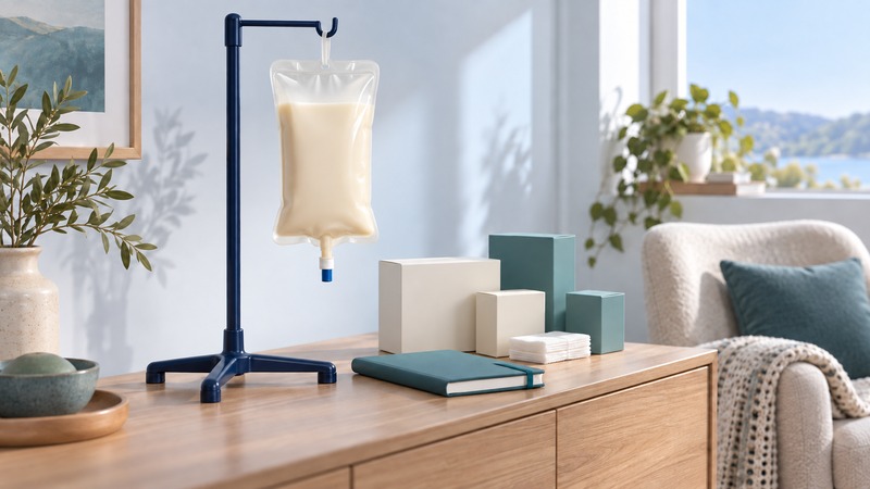 A sealed conceptual nutrition bag on a stand with blank supply cartons and a care notebook.