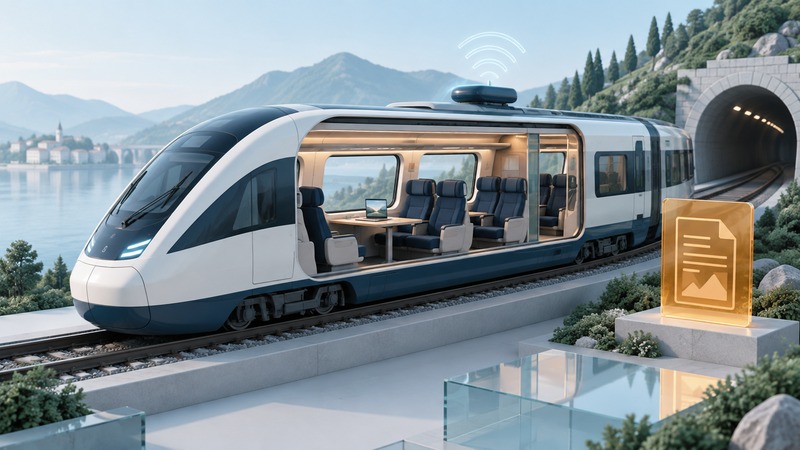 A cutaway passenger train shows a laptop at a seat, a roof connectivity unit and an amber offline-document tile.