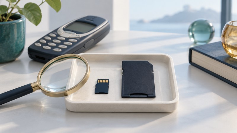 A tiny memory card and full-size SD adapter lie in a tray beside a magnifier and an older phone.