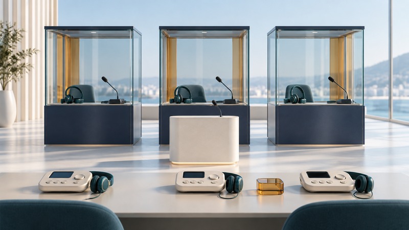 Three glass interpreter booths with microphones and headsets stand behind a podium and three unmarked receivers.