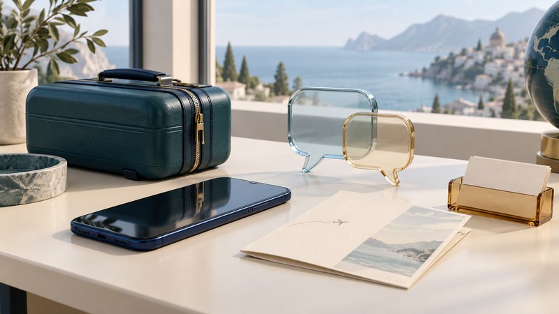 A navy smartphone beside a teal suitcase, empty glass speech bubbles, a folded itinerary, and an amber card holder.