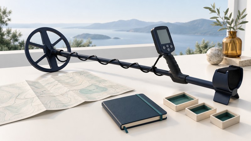 A metal detector rests beside a map, field notebook, and empty specimen trays.