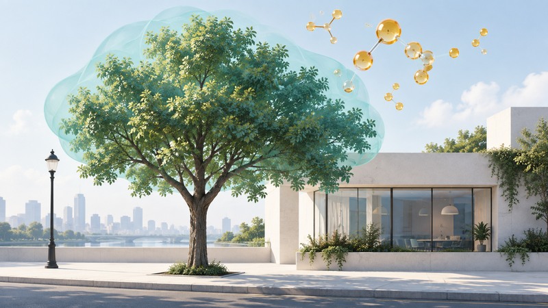 An urban broadleaf tree shades a sidewalk beneath a translucent canopy form and a separate abstract molecular motif.