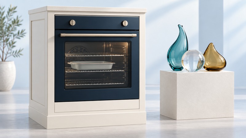 An ivory wall-oven display beside three abstract glass shapes representing combined heating methods.