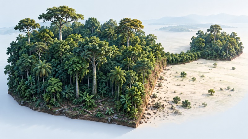 A conceptual tropical forest model shows emergent crowns, dense canopy, shaded understory and an exposed edge connected to another patch.