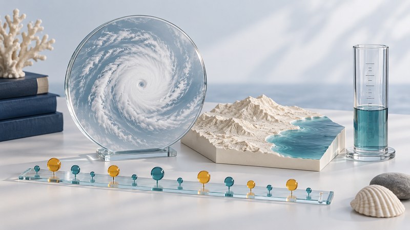 A glass disc with a conceptual hurricane spiral stands beside coastal terrain, a rain gauge and a row of colored timeline markers.