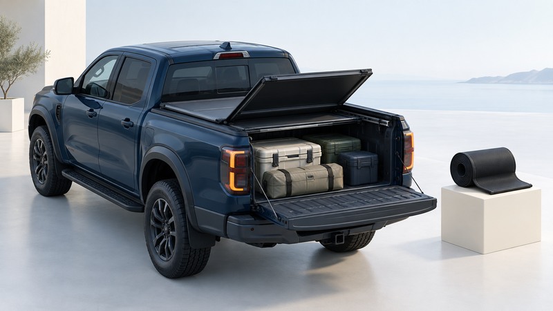 Navy pickup with a partly folded bed cover and cargo cases, beside a roll-up material sample.