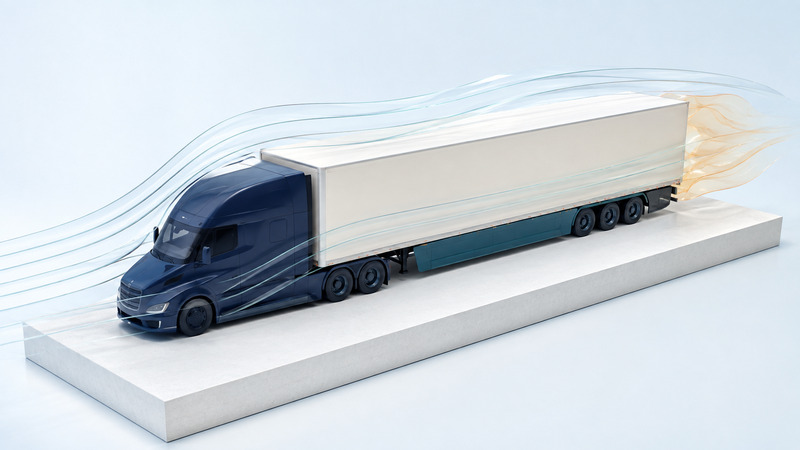 A navy tractor and ivory semi-trailer sit on a display plinth beneath glass airflow ribbons and an amber wake.