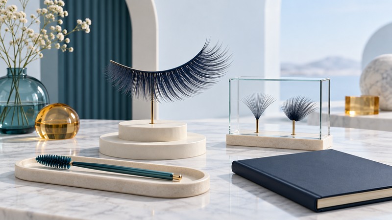 A curved lash silhouette and small fan samples displayed beside a spoolie and consultation notebook.
