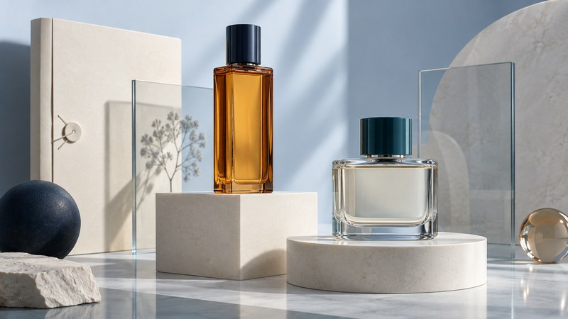 Two different blank cologne bottles on separate ivory platforms, with an archival folder and clear glass panels behind them.