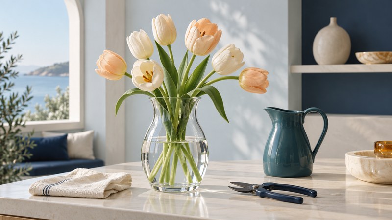 Cream and apricot tulips in a clear vase beside a teal pitcher, snips and a folded cloth.