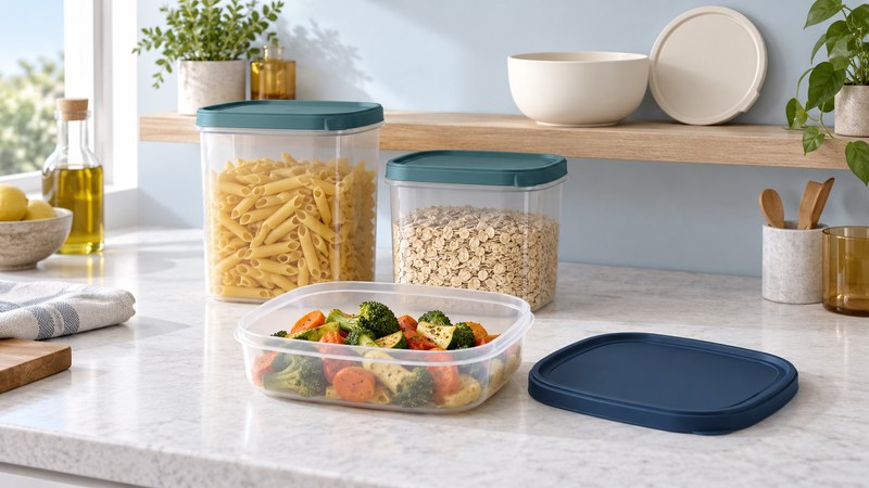 A shallow container of vegetables and its navy lid sit beside two pantry containers with teal lids on an ivory kitchen counter.