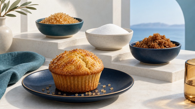 Coarse golden sugar, fine white sugar and brown sugar behind a muffin with a crystalline topping.