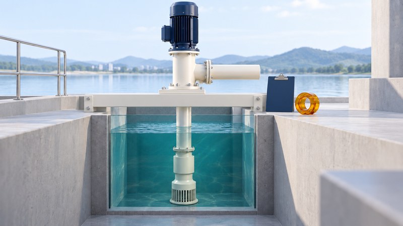 A navy motor and ivory discharge head rest on a support beam above a cutaway wet well, with the pump column and intake submerged in teal water.